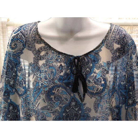 Chicos Blue Paisley Sheer Boho Blouse Size S M Tassel Tie Top Katran - Picture 11 of 11